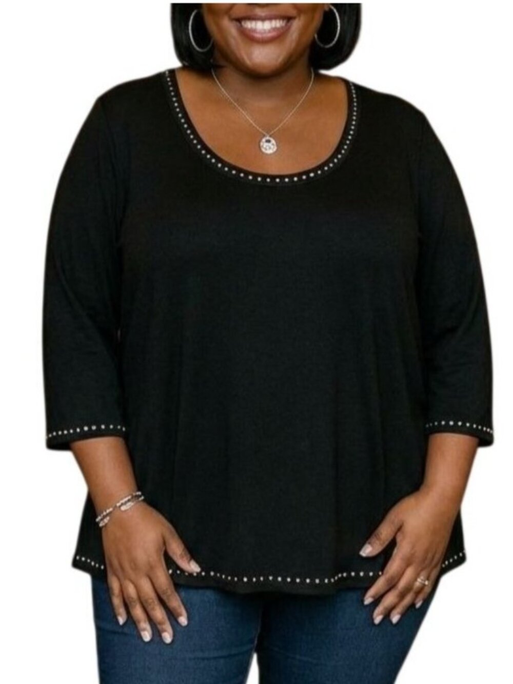Premise Studio Size 0X Top Studded Scoop Neckline Hem & 3/4 Sleeves Black